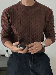 Manfinity Homme Men's Solid Color Crew Neck Long Sleeve Cable Knit Pullover Sweater, For Fall Winter Brown Sweater Men Jumper For Men - Coffee Brown - View 5