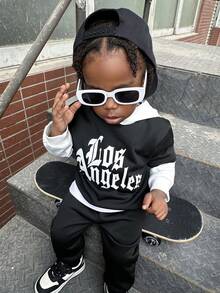 SHEIN 2pcs Baby Boy Autumn/Winter Outfit, Funny Pattern Black Main Body With White Hooded Top And Pants Lining, Suitable For Halloween, Birthday, Christmas, School, Baby Boy Clothing Set - Multicolor - View 1