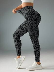 Gameset SHEIN Sport Women's Seamless Leopard Print High Stretch Leggings, Suitable For Yoga, Workout, And Daily Commute - Dark Grey - View 2