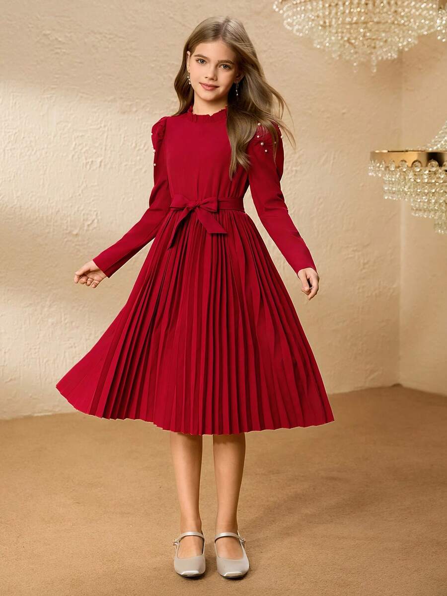 Vestido elegante con cuello de volantes, mangas abullonadas, cintura con cuentas y pliegues para niña preadolescente, para Halloween y Navidad, con cinturón - Rojo - Ver 1