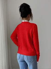 Elenzga Áo khoác cardigan nữ thanh lịch phối ren hoa, thích hợp mùa thu/đông, có khuy cài và nơ đính đá, áo len chui đầu sang trọng cho tiệc tùng và Giáng sinh/Năm mới, màu đỏ. - Đỏ - Xem 2