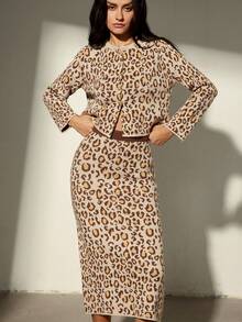 Aveloria Modichic Vintage Leopard Print Cardigan With Skirt 2 Pieces Knit Set - Multicolor - View 3