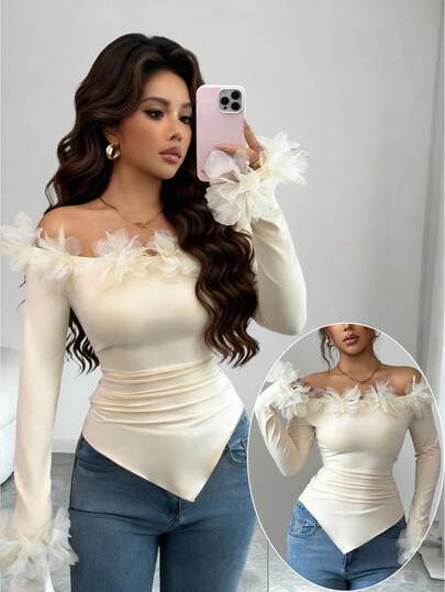  Elenzga Christmas And New Year French Romantic Off-Shoulder Mesh Top With 3D Lace And Long Sleeves, Waist-Cinching And Slimming, Asymmetrical Hem, Unique High-Society Style, Sophisticated Base Top In Cream Almond Color, Light Luxury Texture, Perfect For Dates And Commuting, Versatile Women's Wear Suitable For Weddings And Parties