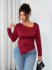 Cravure Christmas Plus Size Women Asymmetric Neck Ruched Waist Sexy Elegant Slim T-Shirt