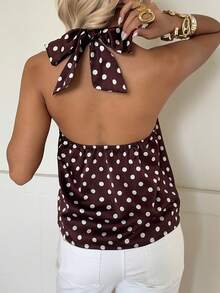 MainGRL Summer Tops  Brown Party Women's Summer Fashion Halter Tie Polka Dot Print Blouse Chocolate Brown Top Pokadot Top Halter Tops For Women - Coffee Brown - View 2