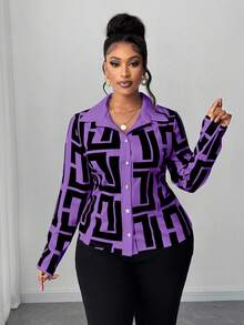 Maweii Plus Size Women Geometric Print Casual Shirt - Purple - View 4