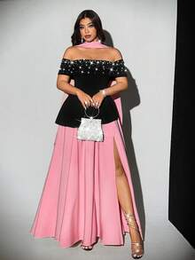 Viva Relle Robe midi moulante pour femmes grandes tailles, en tissu métallique luxueux avec décoration métallique, sans bretelles, pour soirée, cocktail, rendez-vous romantique