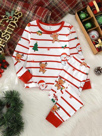 2pcs Young Boy  Print Snug Fit Tight Fit Pajamas Long Sleeve Top And Pants Pajama Set Kids Christmas Pajama Toddler Boy Pajamas Set Gingerbread Pajamas Christmas Pajamas For Girl And Boy Family Christmas Matching Pajamas Set