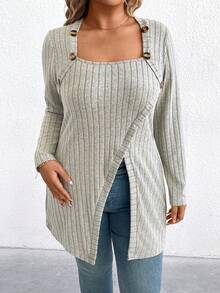 SHEIN T-shirt décontracté printemps pour femmes, grande taille, à manches longues, élégant, avec boutons décoratifs, pour la maison et l'usage quotidien - Beige - Voir 3