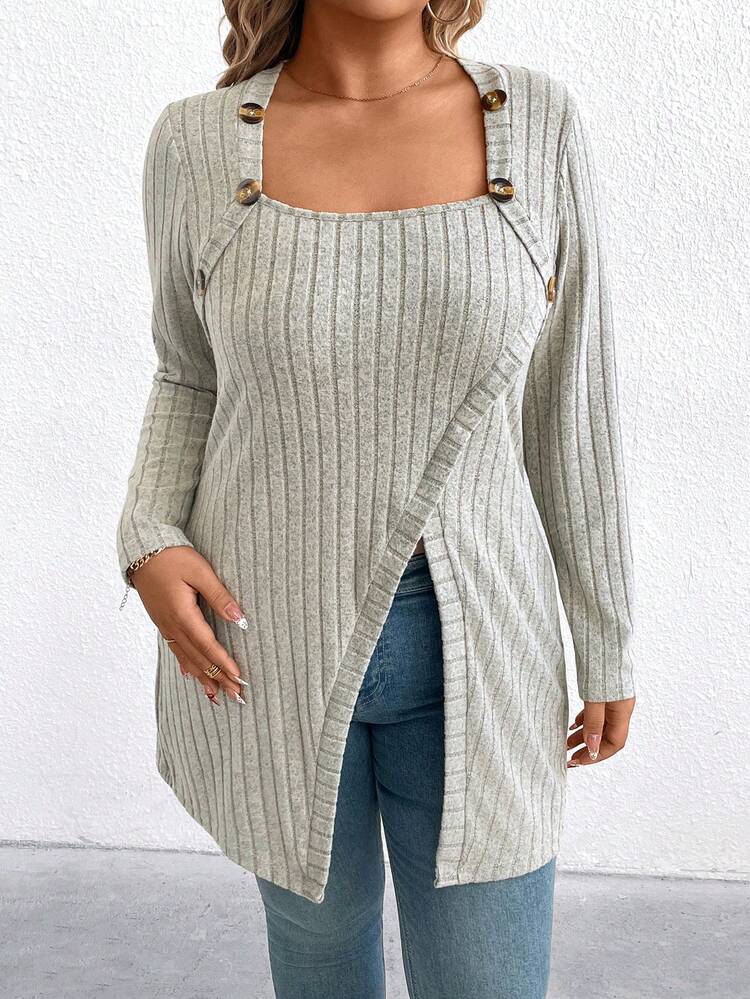 SHEIN Áo thun nữ tay dài cỡ lớn, trang trí cúc, kiểu dáng thanh lịch, thoải mái mặc ở nhà, thường ngày, thích hợp cho mùa xuân. - Màu be - Xem 3