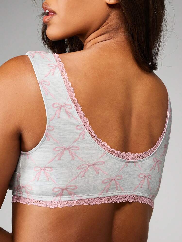 MISSGUIDED Bow Print Bralette And Panty Set With Lace Trim And Feminine Details For Everyday Comfort