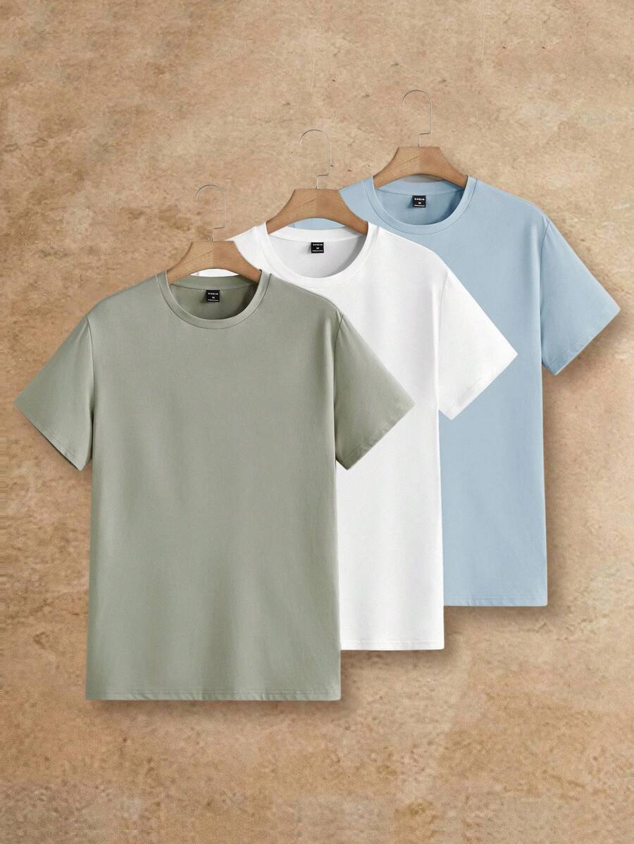 HIMLAND 3 件装男士休闲圆领针织短袖 T 恤，基本款 T 恤