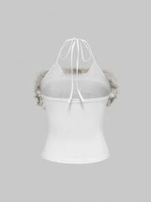 ROMWE Avant 复古 Y2K 性感露背拼布人造毛皮十字字母印花紧身吊带背心 - 白色 - 查看 2