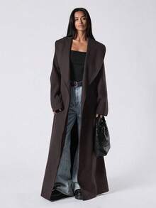 LYSMO Áo khoác dài tay màu nâu cà phê cho nữ thu đông, dáng rộng thoải mái, túi thắt lưng, thanh lịch, thoải mái, áo khoác len màu BBQ - Cà phê nâu - Xem 1