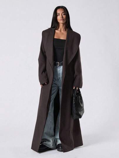 LYSMO 秋冬中长款女装咖啡棕色腰带口袋优雅宽松舒适长袖外套，烧烤色毛呢大衣