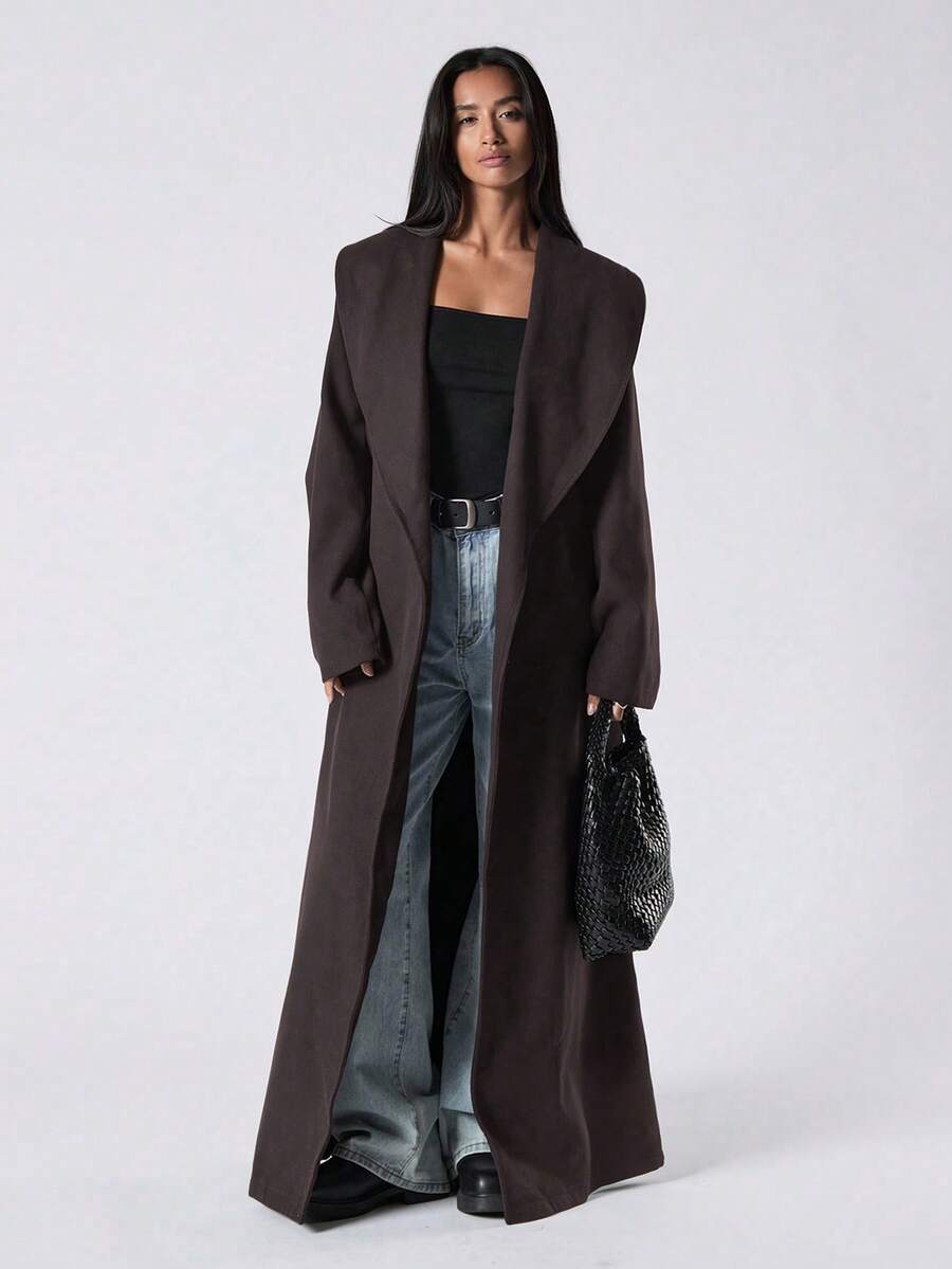 LYSMO Áo khoác dài tay màu nâu cà phê cho nữ thu đông, dáng rộng thoải mái, túi thắt lưng, thanh lịch, thoải mái, áo khoác len màu BBQ - Cà phê nâu - Xem 1