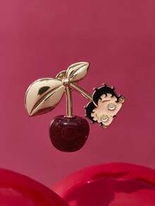 Betty Boop x SHEIN Zinc Alloy Three-Dimensional Red Cherry Brooch, Gold Pin Badge, Gift Collection Souvenir, Suitable For Matching Coats, Shirts, Suits, Bags.Gift Ideas,Party,Holiday,Valentine's Day - Multicolor - View 3