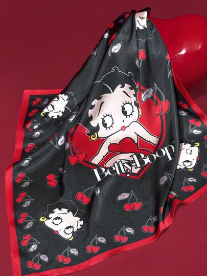Betty Boop x SHEIN Fashion Lady Black Smooth Soft Satin Square Scarf Cherry Print Scarf, Suitable For Gifts Outdoor Travel Photography Style