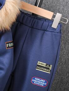 SHEIN 2 件套年轻男孩标语印花拉链连帽运动衫和运动裤休闲装，秋冬 - 藍色 - 查看 4