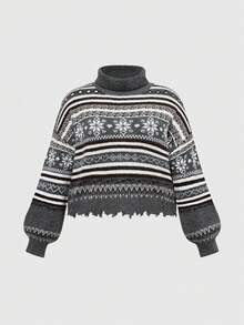 ROMWE Kawaii Christmas Crew Neck Snowflake Pattern Distressed Hem Plus Size Women Puff Sleeve Sweater - Grey - View 1