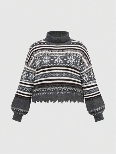 Kawaii Maglione natalizio da donna con collo a ciurma, motivo a fiocchi di neve, orlo sfilacciato, taglie comode, maniche a palloncino