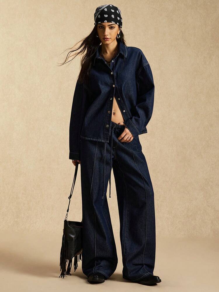 Easelle جاكيت جينز نسائية كاجوال فضفاضة ذات صف أزرار واحد، للربيع/الخريف - أزرق داكن - مشاهدة 4