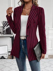 SHEIN Clasi 女款千鳥格收腰西裝外套 秋冬款 - 中紫紅色 - 查看 10