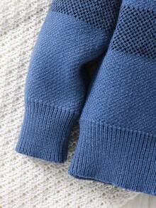 SHEIN 2pcs/Set Baby Boy/Girl Casual High Neck Plaid Sweater And Jogger Pants Set, Suitable For Autumn/Winter Wear - Dusty Blue - View 4