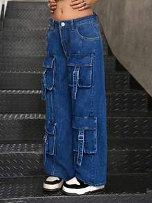 SHEIN 少女撞色缝线黑色牛仔工装裤，宽松版型，低腰，直筒 - 深色水洗藍 - 查看 5