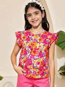 Sparklyn Tween Girls' Floral Print Ruffled Trim Decor Round Neck Shirt - Multicolor - View 1
