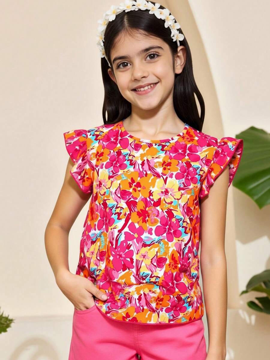Sparklyn Tween Girls' Floral Print Ruffled Trim Decor Round Neck Shirt - Multicolor - View 1