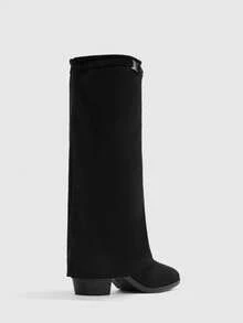 CUCCOO BIZCHIC 女士时尚方头粗跟黑色绒面革宽筒过膝长靴，简约通勤粗跟高筒靴，女士过膝长靴 - 黑色 - 查看 4