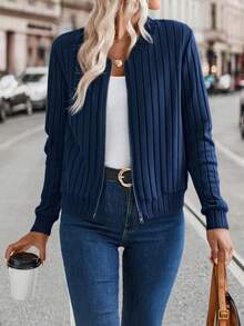 SHEIN 女式罗纹拉绒海军蓝夹克，秋冬畅销款 - 藏蓝色 - 查看 1