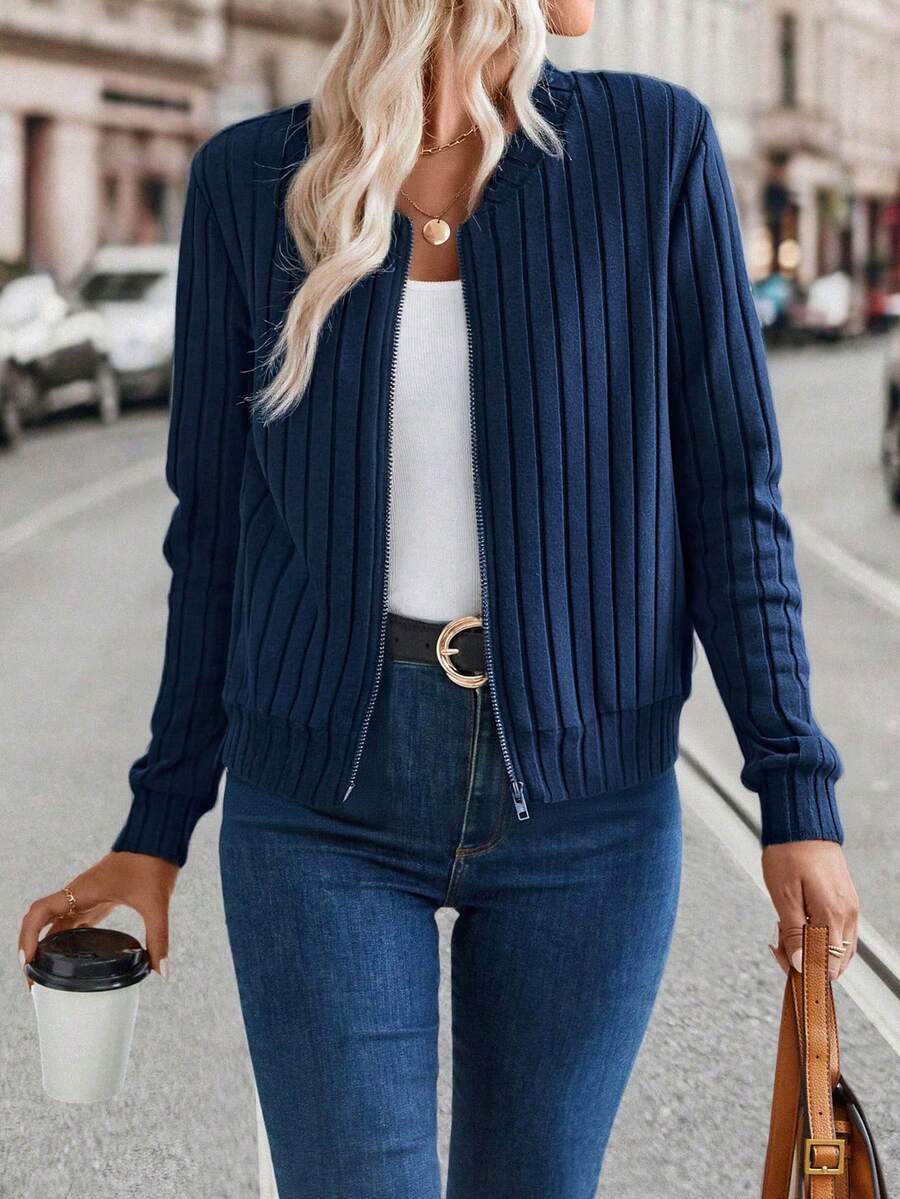 SHEIN 女式罗纹拉绒海军蓝夹克，秋冬畅销款 - 藏蓝色 - 查看 1