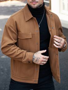 Manfinity Homme 男士休闲纯色纽扣长袖西部夹克，棕色夹克，秋冬 - 咖啡棕 - 查看 6