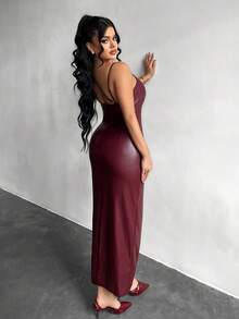 SHEIN SXY Váy bó sát da PU màu trơn dành cho nữ - Màu Đỏ Sâu - Xem 2