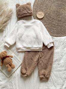 Vintaside Kids Babyboy A Two Pieces Set Of Winter Beige Double-Sided Fleece Round-Neck Long-Sleeved Top And Khaki Tapered Long Pants Comes With A Cute Three-Dimensional Bear Ear Hat. The Pocket On The Chest Has A Cute And Adorable Bear Embroidery Pattern. Made Of Plush Fabric, It Is Warm And Comfortable, Suitable For Daily Outings Such As Going To School, Taking A Vacation, Learning To Walk, Relaxing At Home, And Attending Parties