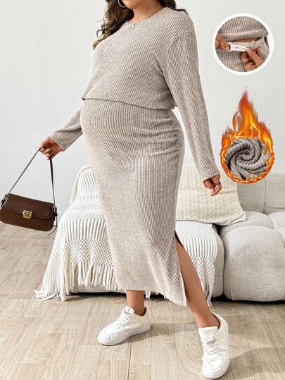 Plussiva 2pcs Maternity Plus Size Solid Color Round Neck Drop Shoulder Long Sleeve T-Shirt And Adjustable Waist Midi Skirt Casual Set