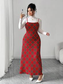 Elenzga Plus Size Women Elegant Plaid Maxi Slip Dress - Red - View 3
