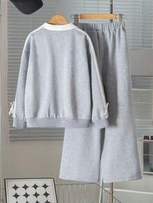 Genkimix Kids Girls' Minimalist Fashion Bow Embroidered V-Neck Pullover Sweatshirt With Matching Side Stripe Straight Leg Pants Set, Casual Autumn/Winter Outfit - Grey - View 2