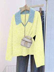 SHEIN LUNE V-Neck 2 In 1 Long Sleeve Sweater, Autumn/Winter - Light Yellow - View 5