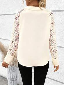 EMERY ROSE Contrast Lace Raglan Sleeve Curved Hem Notched Neckline Blouse For Holiday Party Clothes - Apricot - View 2