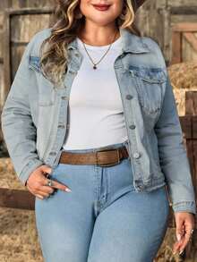 EMERY ROSE Áo khoác denim dài tay dáng suông có túi, chất liệu co giãn, dành cho nữ cỡ lớn mùa đông. - Rửa nhẹ - Xem 7