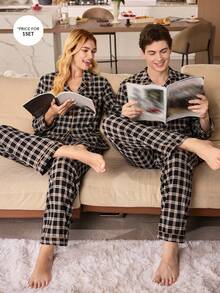 CoupledUp 格子印花泡泡褶男士长袖衬衫和裤子睡衣套装 情侣睡衣套装 男士睡衣套装 秋冬情侣睡衣套装 方格纹睡衣套装，圣诞节 - 黑色 - 查看 5