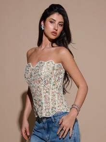 SHEIN BAE 女式碎花修身吊带背心，时尚夏季百搭背心 - 白色 - 查看 5