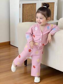 SHEIN 2pcs Baby Girls Floral Print Knit Cardigan Sweater And Wide Leg Pants Set, Casual, Comfortable, Versatile, Suitable For Everyday Wear, Autumn/Winter - Pink - View 5