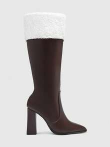 CUCCOO BIZCHIC 高品质棕色袖口针织高筒靴，尖头粗跟优雅女靴，时尚百搭新款靴子，展现女性魅力和优雅 - 棕色 - 查看 2