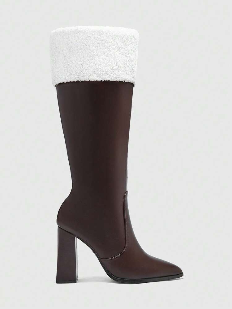 CUCCOO BIZCHIC High-Quality Brown Cuff Knit Tall Boots, Pointed Toe Chunky Heel Elegant Women's Boots, Fashionable Versatile New Style Boots, Showcasing Feminine Charm And Elegant