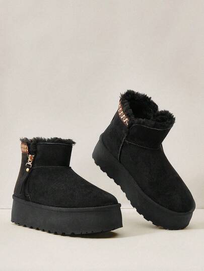 Cuccoo Women's Black Leather & Faux Fur Zipper Ankle Boots, Thick Sole Outdoor Snow Boots, Warm & Anti-Slip, Short Ankle Boots