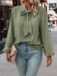 Louniche Blusa Elegante Feminina com Decoração de Pérolas Falsas, Gola Nó, Manga Lanterna, Outono